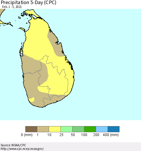 Sri Lanka Precipitation 5-Day (CPC) Thematic Map For 2/1/2021 - 2/5/2021