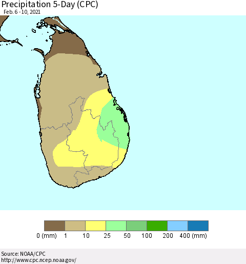 Sri Lanka Precipitation 5-Day (CPC) Thematic Map For 2/6/2021 - 2/10/2021