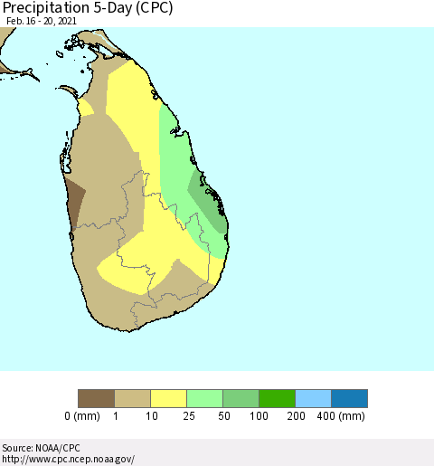 Sri Lanka Precipitation 5-Day (CPC) Thematic Map For 2/16/2021 - 2/20/2021