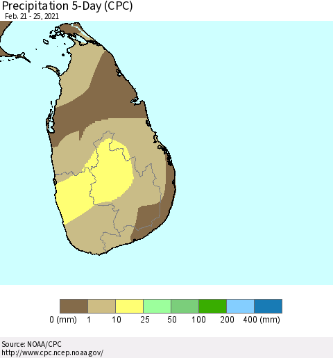 Sri Lanka Precipitation 5-Day (CPC) Thematic Map For 2/21/2021 - 2/25/2021