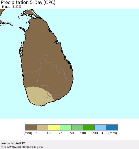 Sri Lanka Precipitation 5-Day (CPC) Thematic Map For 3/1/2021 - 3/5/2021
