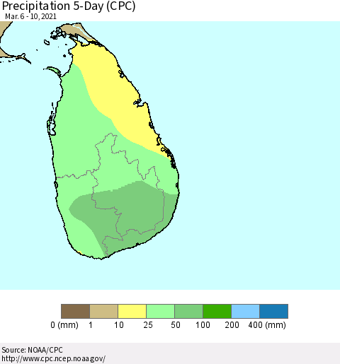 Sri Lanka Precipitation 5-Day (CPC) Thematic Map For 3/6/2021 - 3/10/2021