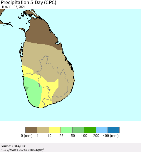 Sri Lanka Precipitation 5-Day (CPC) Thematic Map For 3/11/2021 - 3/15/2021