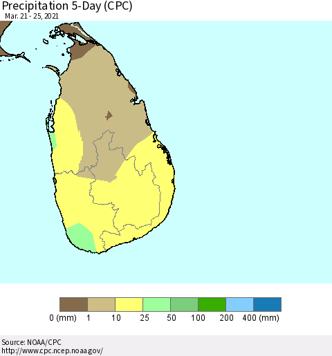 Sri Lanka Precipitation 5-Day (CPC) Thematic Map For 3/21/2021 - 3/25/2021