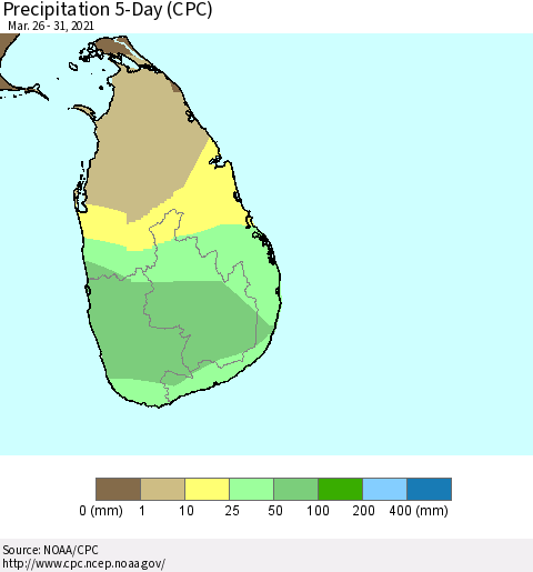 Sri Lanka Precipitation 5-Day (CPC) Thematic Map For 3/26/2021 - 3/31/2021