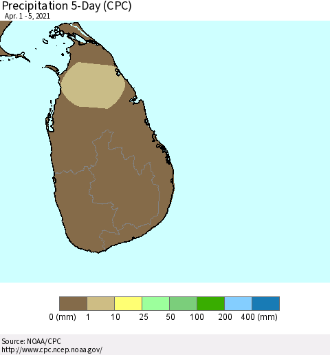 Sri Lanka Precipitation 5-Day (CPC) Thematic Map For 4/1/2021 - 4/5/2021