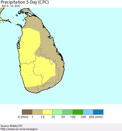 Sri Lanka Precipitation 5-Day (CPC) Thematic Map For 4/6/2021 - 4/10/2021