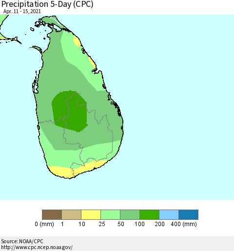 Sri Lanka Precipitation 5-Day (CPC) Thematic Map For 4/11/2021 - 4/15/2021