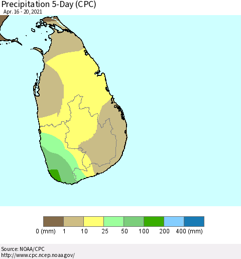 Sri Lanka Precipitation 5-Day (CPC) Thematic Map For 4/16/2021 - 4/20/2021