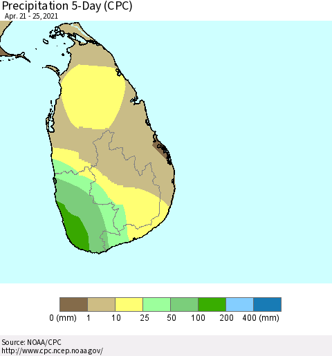 Sri Lanka Precipitation 5-Day (CPC) Thematic Map For 4/21/2021 - 4/25/2021