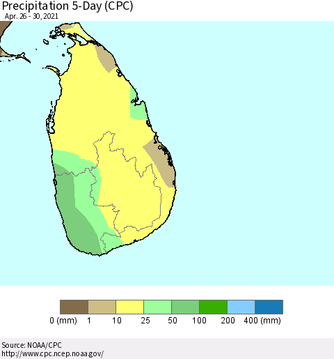 Sri Lanka Precipitation 5-Day (CPC) Thematic Map For 4/26/2021 - 4/30/2021