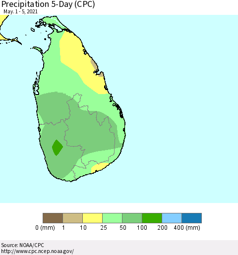 Sri Lanka Precipitation 5-Day (CPC) Thematic Map For 5/1/2021 - 5/5/2021