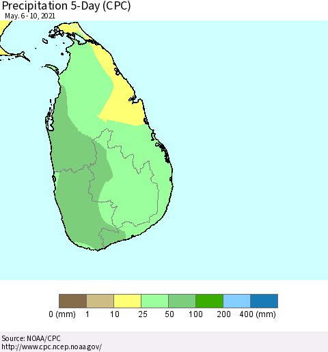 Sri Lanka Precipitation 5-Day (CPC) Thematic Map For 5/6/2021 - 5/10/2021