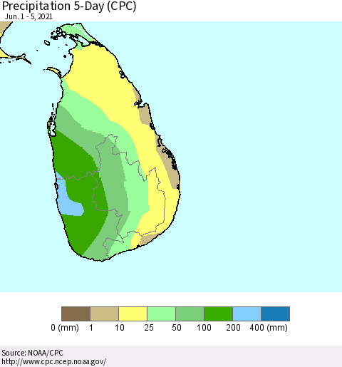 Sri Lanka Precipitation 5-Day (CPC) Thematic Map For 6/1/2021 - 6/5/2021