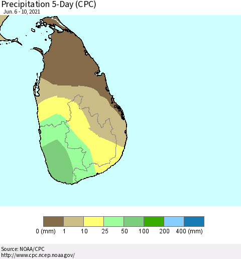 Sri Lanka Precipitation 5-Day (CPC) Thematic Map For 6/6/2021 - 6/10/2021