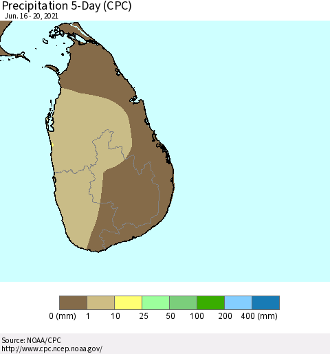 Sri Lanka Precipitation 5-Day (CPC) Thematic Map For 6/16/2021 - 6/20/2021
