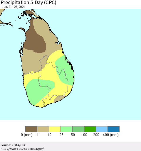 Sri Lanka Precipitation 5-Day (CPC) Thematic Map For 6/21/2021 - 6/25/2021