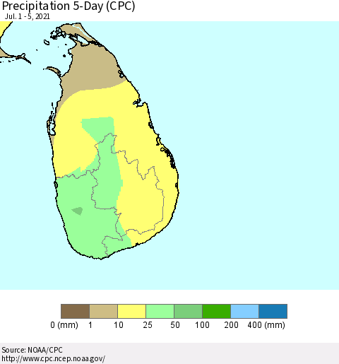 Sri Lanka Precipitation 5-Day (CPC) Thematic Map For 7/1/2021 - 7/5/2021