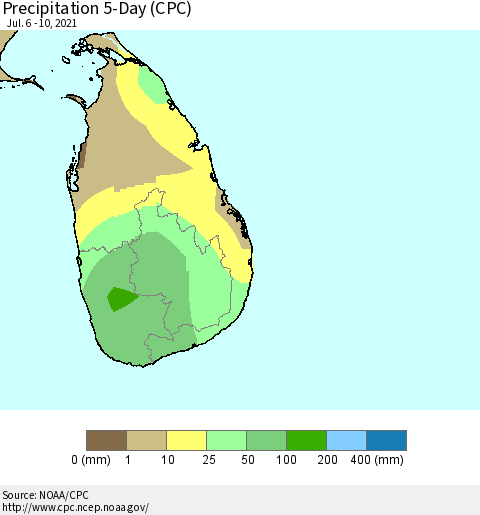 Sri Lanka Precipitation 5-Day (CPC) Thematic Map For 7/6/2021 - 7/10/2021