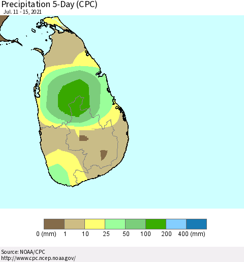 Sri Lanka Precipitation 5-Day (CPC) Thematic Map For 7/11/2021 - 7/15/2021