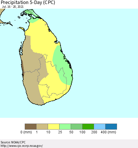 Sri Lanka Precipitation 5-Day (CPC) Thematic Map For 7/16/2021 - 7/20/2021