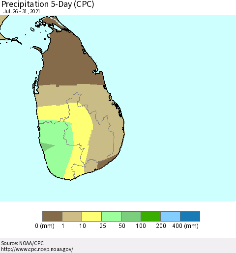 Sri Lanka Precipitation 5-Day (CPC) Thematic Map For 7/26/2021 - 7/31/2021