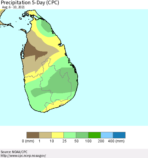 Sri Lanka Precipitation 5-Day (CPC) Thematic Map For 8/6/2021 - 8/10/2021