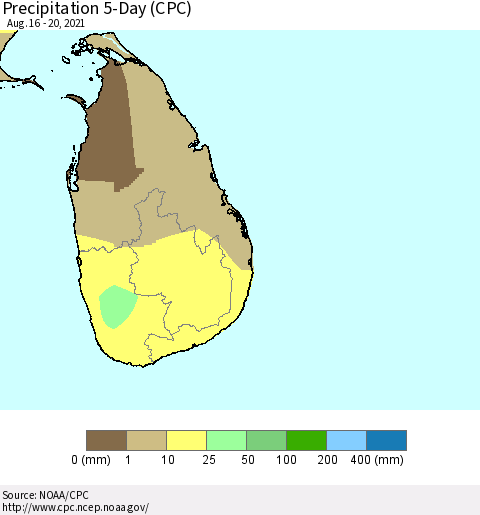 Sri Lanka Precipitation 5-Day (CPC) Thematic Map For 8/16/2021 - 8/20/2021