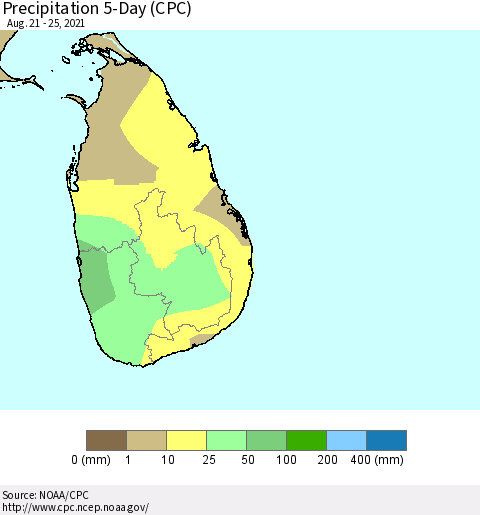 Sri Lanka Precipitation 5-Day (CPC) Thematic Map For 8/21/2021 - 8/25/2021