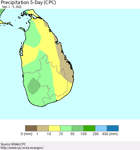 Sri Lanka Precipitation 5-Day (CPC) Thematic Map For 9/1/2021 - 9/5/2021