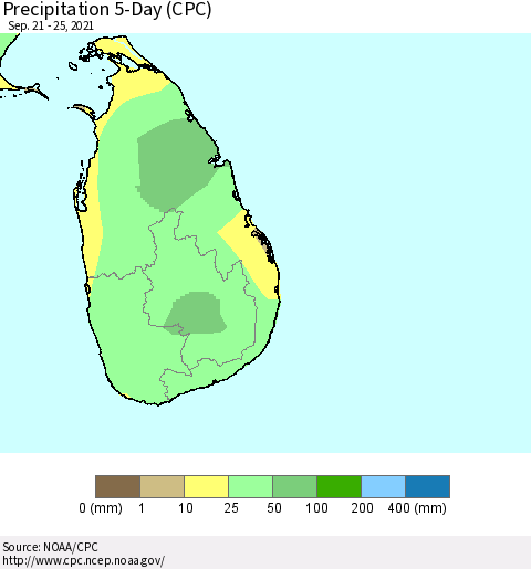 Sri Lanka Precipitation 5-Day (CPC) Thematic Map For 9/21/2021 - 9/25/2021