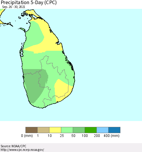 Sri Lanka Precipitation 5-Day (CPC) Thematic Map For 9/26/2021 - 9/30/2021