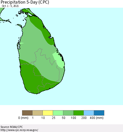Sri Lanka Precipitation 5-Day (CPC) Thematic Map For 10/1/2021 - 10/5/2021