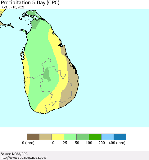 Sri Lanka Precipitation 5-Day (CPC) Thematic Map For 10/6/2021 - 10/10/2021