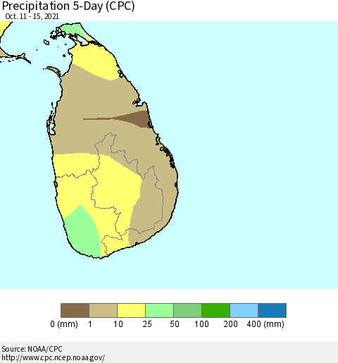 Sri Lanka Precipitation 5-Day (CPC) Thematic Map For 10/11/2021 - 10/15/2021