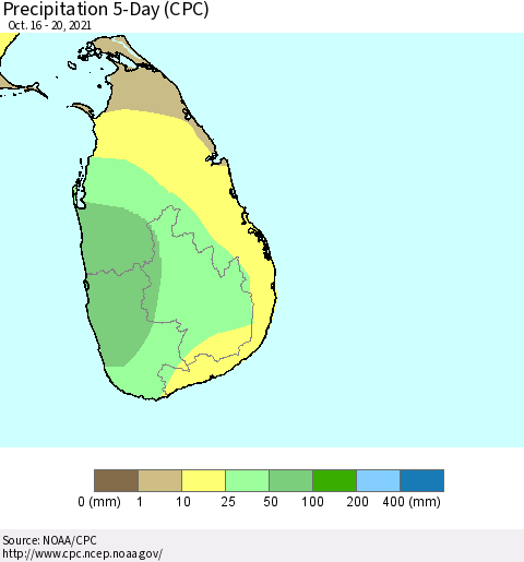 Sri Lanka Precipitation 5-Day (CPC) Thematic Map For 10/16/2021 - 10/20/2021
