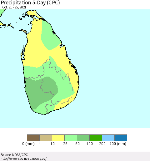 Sri Lanka Precipitation 5-Day (CPC) Thematic Map For 10/21/2021 - 10/25/2021