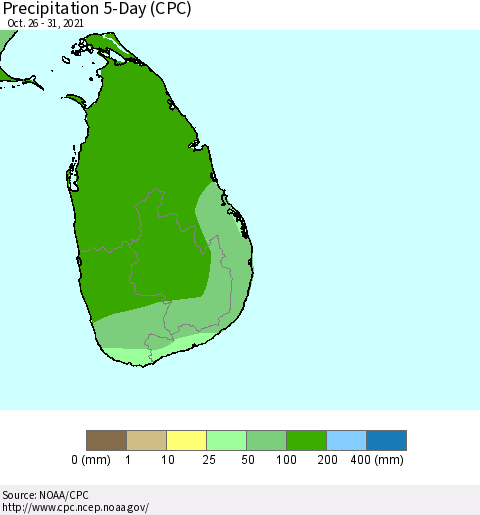 Sri Lanka Precipitation 5-Day (CPC) Thematic Map For 10/26/2021 - 10/31/2021