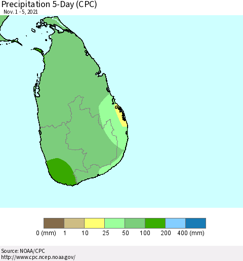 Sri Lanka Precipitation 5-Day (CPC) Thematic Map For 11/1/2021 - 11/5/2021