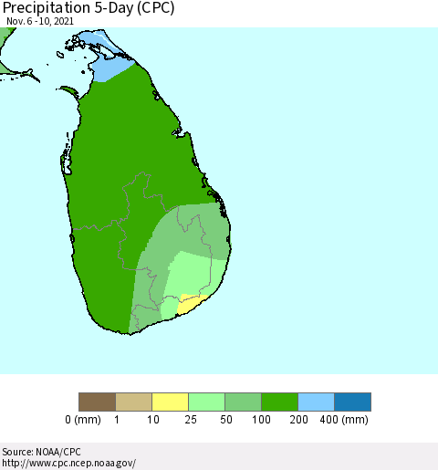 Sri Lanka Precipitation 5-Day (CPC) Thematic Map For 11/6/2021 - 11/10/2021