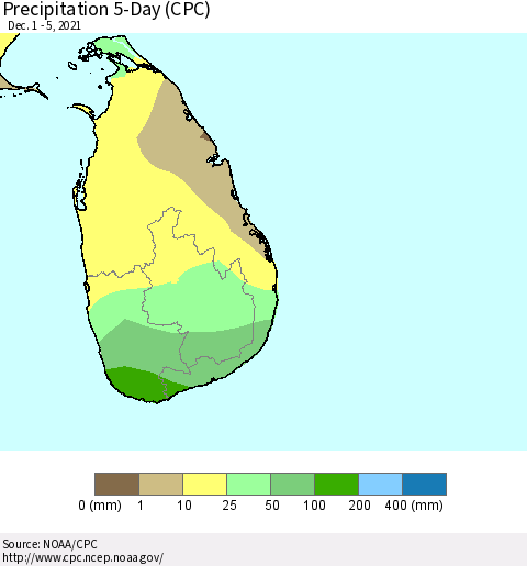 Sri Lanka Precipitation 5-Day (CPC) Thematic Map For 12/1/2021 - 12/5/2021