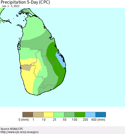 Sri Lanka Precipitation 5-Day (CPC) Thematic Map For 1/1/2022 - 1/5/2022