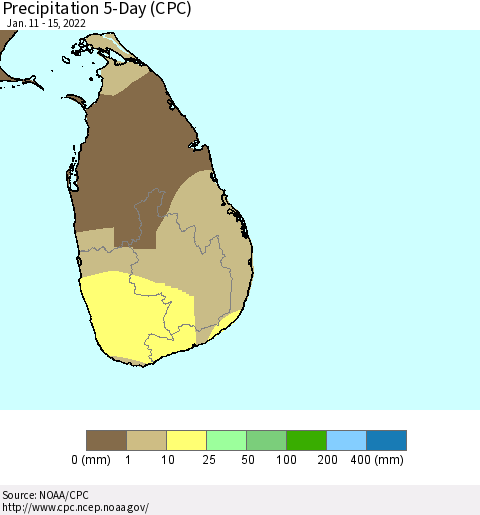 Sri Lanka Precipitation 5-Day (CPC) Thematic Map For 1/11/2022 - 1/15/2022
