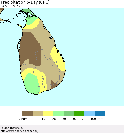 Sri Lanka Precipitation 5-Day (CPC) Thematic Map For 1/16/2022 - 1/20/2022