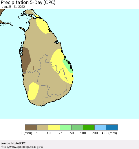 Sri Lanka Precipitation 5-Day (CPC) Thematic Map For 1/26/2022 - 1/31/2022
