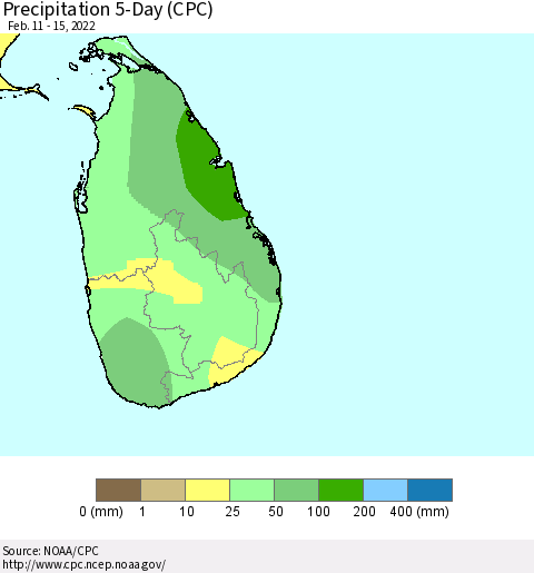 Sri Lanka Precipitation 5-Day (CPC) Thematic Map For 2/11/2022 - 2/15/2022
