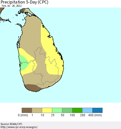 Sri Lanka Precipitation 5-Day (CPC) Thematic Map For 2/16/2022 - 2/20/2022