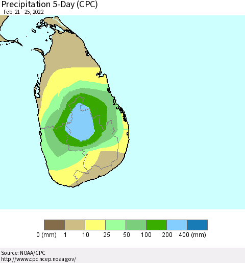 Sri Lanka Precipitation 5-Day (CPC) Thematic Map For 2/21/2022 - 2/25/2022