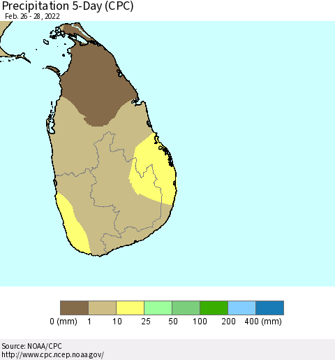 Sri Lanka Precipitation 5-Day (CPC) Thematic Map For 2/26/2022 - 2/28/2022