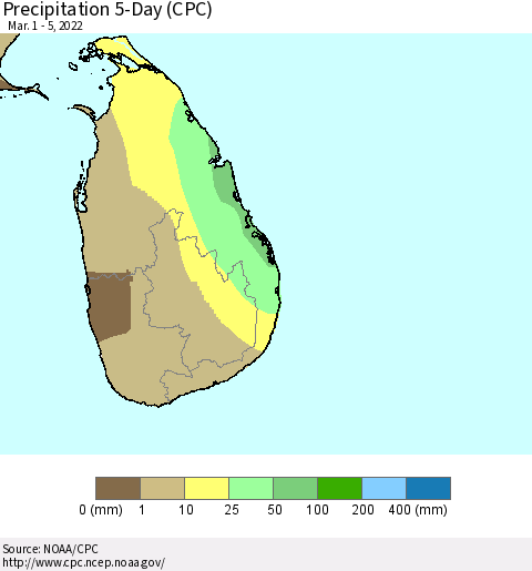Sri Lanka Precipitation 5-Day (CPC) Thematic Map For 3/1/2022 - 3/5/2022